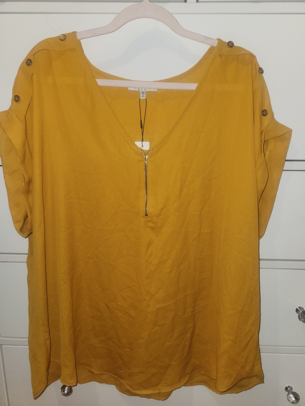 Women’s V-Neck Zipper Blouse in Mustard Yellow